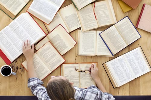 Studentin beim Sichten verschiedener Literatur
